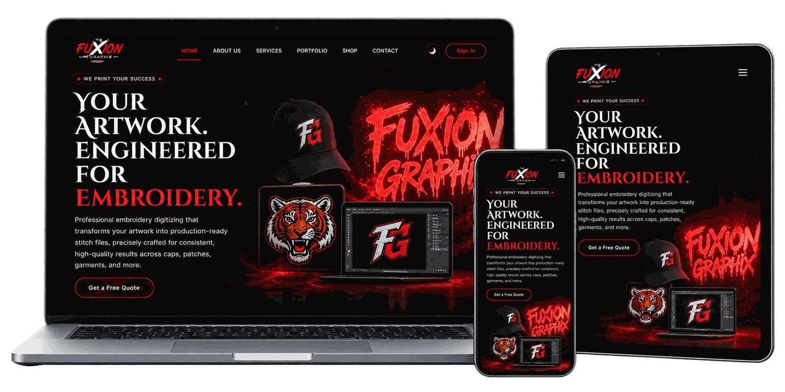 Fuxion Graphix website shown on laptop, tablet, and phone